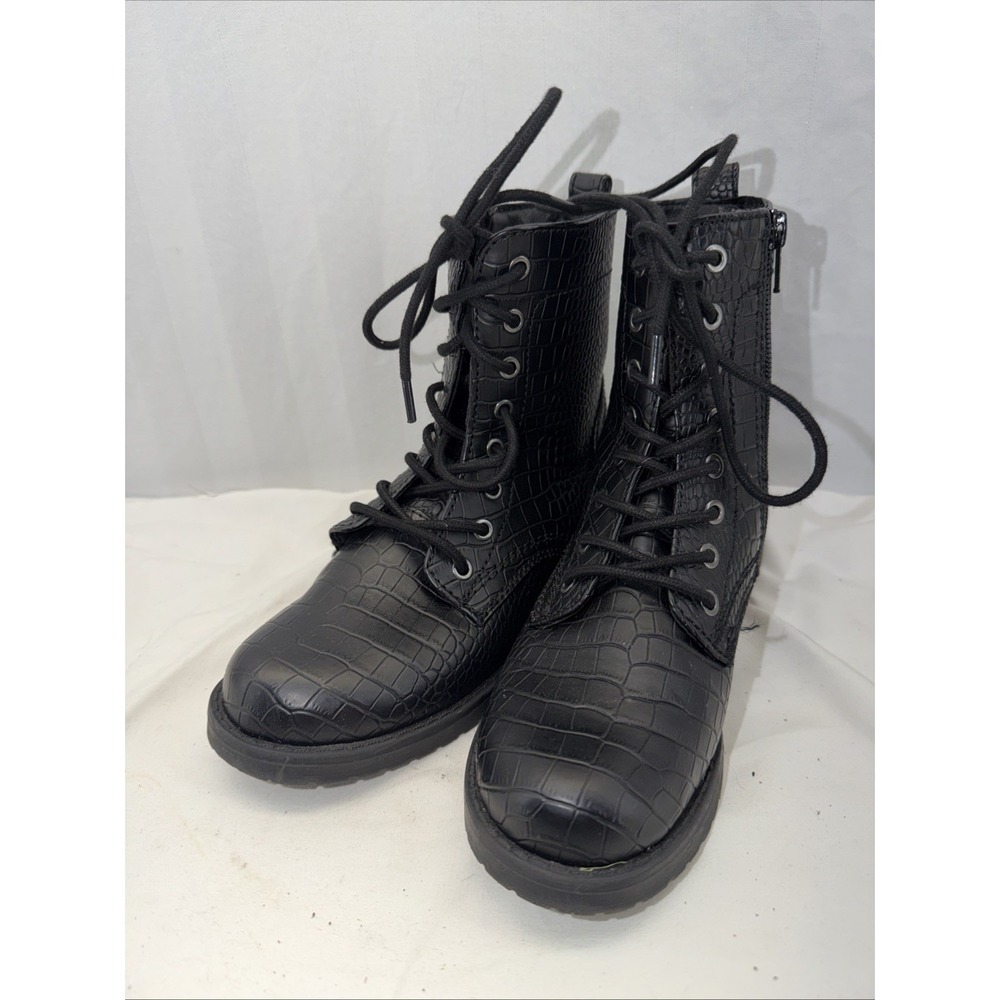 NIB Women's Amazon Essentials Lace Up Collins Combat Boot Black Croco Size 5